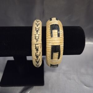 Two Rattan Cream And Black Bangles Bracelets
